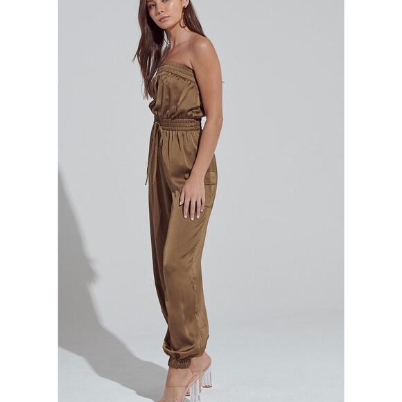 Akira Cargo Strapless Gold/Bronze Elasticized  Tie Waist Jumpsuit, Size Small - Picture 1 of 8